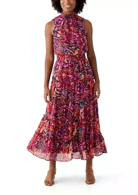 Women's Sleeveless Mock Neck Paisley Print Belted Chiffon Midi Fit and Flare Dress