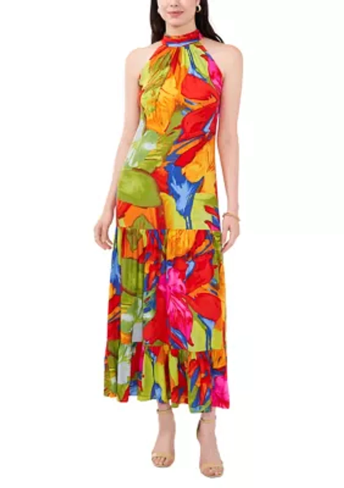 Women's Sleeveless Printed Halter Neck Challis Maxi Dress