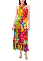 Women's Sleeveless Printed Halter Neck Challis Maxi Dress