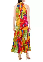 Women's Sleeveless Printed Halter Neck Challis Maxi Dress