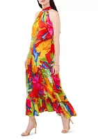 Women's Sleeveless Printed Halter Neck Challis Maxi Dress