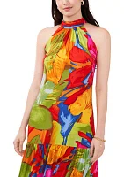 Women's Sleeveless Printed Halter Neck Challis Maxi Dress