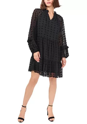 Women's Long Balloon Sleeve Clip Dot Babydoll Dress