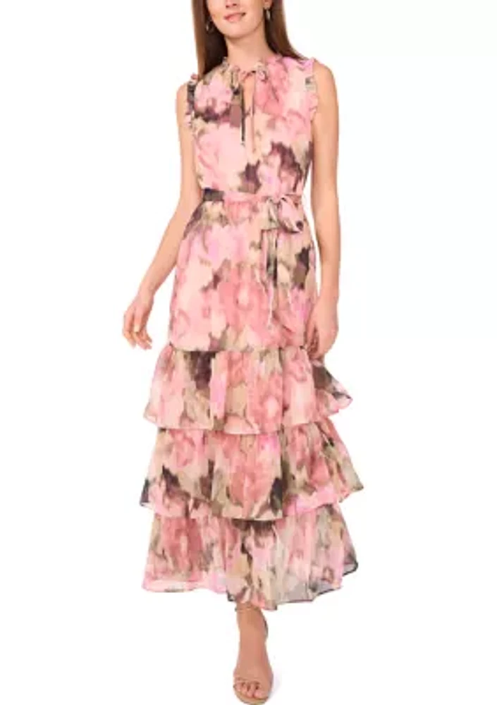 Women's Sleeveless Tie Neck Floral Print Chiffon Maxi Dress