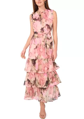 Women's Sleeveless Tie Neck Floral Print Chiffon Maxi Dress