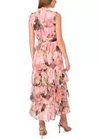 Women's Sleeveless Tie Neck Floral Print Chiffon Maxi Dress