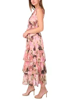 Women's Sleeveless Tie Neck Floral Print Chiffon Maxi Dress