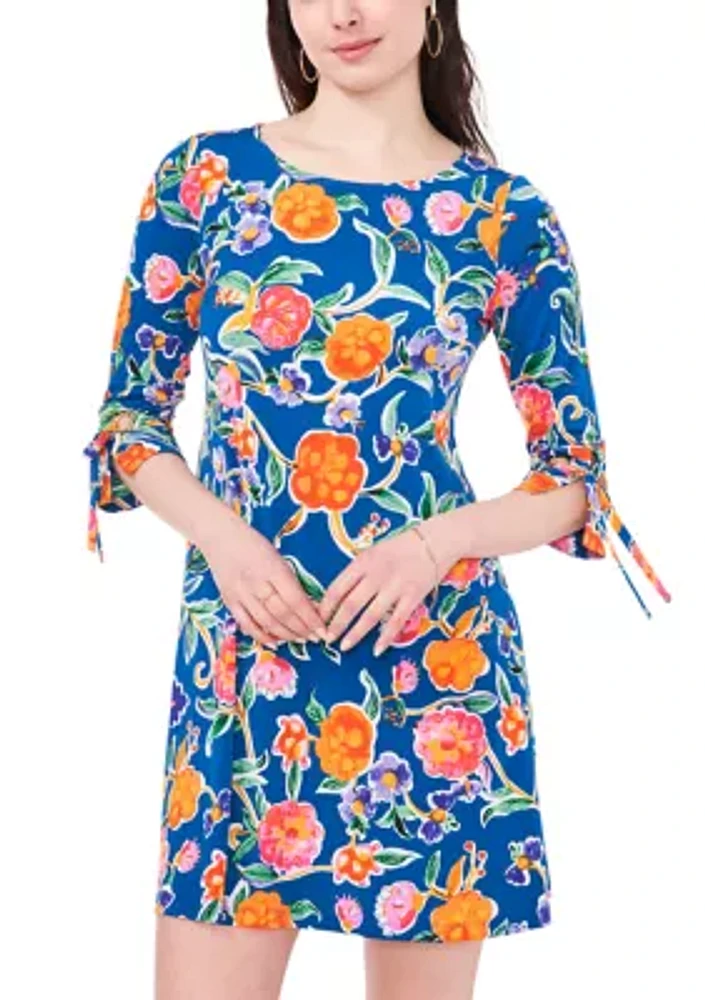 Women's 3/4 Tie Sleeve Floral Print A-Line Dress