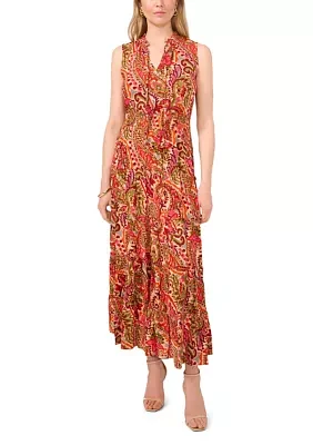 Women's Printed Tie Neck Challis Maxi Dress