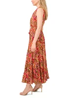 Women's Printed Tie Neck Challis Maxi Dress