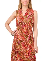 Women's Printed Tie Neck Challis Maxi Dress