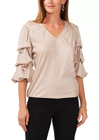 Women's V-Neck Tier Puff Sleeve Solid Top