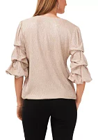 Women's V-Neck Tier Puff Sleeve Solid Top