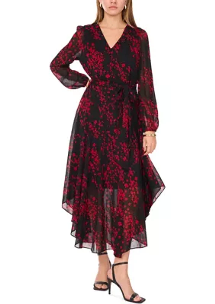 Women's Long Sleeve V-Neck Printed Chiffon Fit-and-Flare Dress