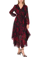 Women's Long Sleeve V-Neck Printed Chiffon Fit-and-Flare Dress