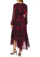 Women's Long Sleeve V-Neck Printed Chiffon Fit-and-Flare Dress