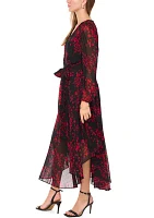 Women's Long Sleeve V-Neck Printed Chiffon Fit-and-Flare Dress