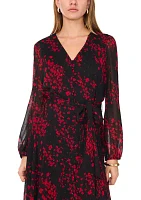 Women's Long Sleeve V-Neck Printed Chiffon Fit-and-Flare Dress