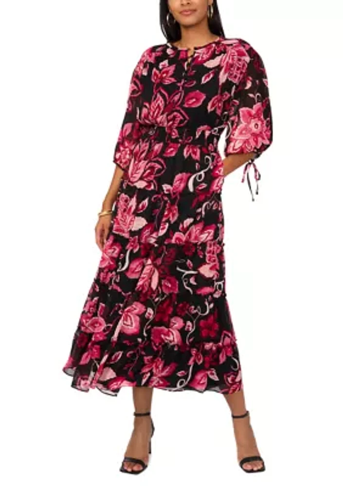 Women's Blouson Sleeve V-Neck Floral Dress