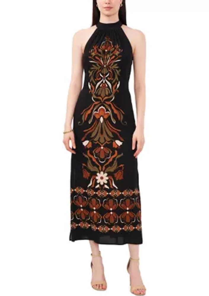 Women's Sleeveless Halter Neck Printed Challis Midi A-Line Dress