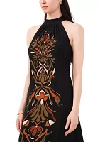 Women's Sleeveless Halter Neck Printed Challis Midi A-Line Dress