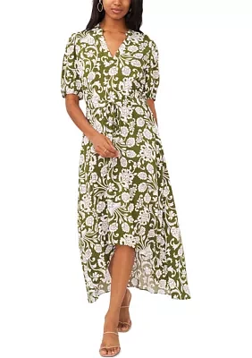 Women's Puff Sleeve Printed Challis Maxi Dress