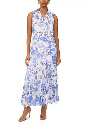 Women's Sleeveless Mock Neck Tier Floral Print Dress