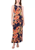 Women's Sleeveless Crew Neck 3 Ring Detail Paisley Print Maxi Dress