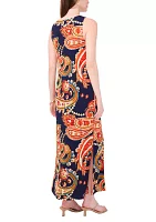 Women's Sleeveless Crew Neck 3 Ring Detail Paisley Print Maxi Dress