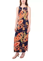 Women's Sleeveless Crew Neck 3 Ring Detail Paisley Print Maxi Dress