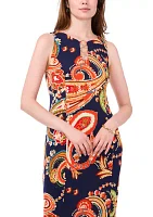 Women's Sleeveless Crew Neck 3 Ring Detail Paisley Print Maxi Dress