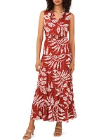 Women's Sleeveless Tie Neck Printed Smocked Waist Midi Dress