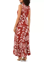 Women's Sleeveless Tie Neck Printed Smocked Waist Midi Dress