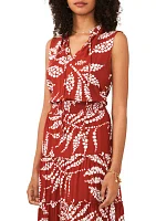 Women's Sleeveless Tie Neck Printed Smocked Waist Midi Dress