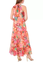 Women's Sleeveless Halter Neck Leaf Print Maxi Dress