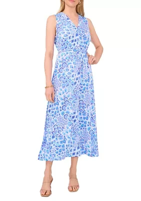 Women's Sleeveless Printed V-Neck Tie Waist Maxi Dress