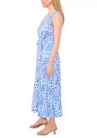 Women's Sleeveless Printed V-Neck Tie Waist Maxi Dress