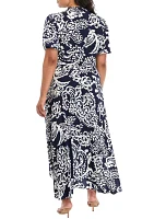 Women's Puff Sleeve V-Neck Printed Maxi Dress