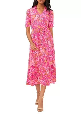 Women's Short Sleeve Tie Waist Paisley Print Midi Dress