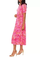 Women's Short Sleeve Tie Waist Paisley Print Midi Dress