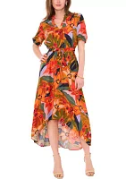 Women's Puff Sleeve Printed Challis Maxi Dress