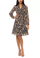 Women's Long Sleeve Tie Neck Floral Print Belted Chiffon Fit and Flare Dress