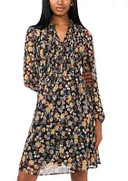 Women's Long Sleeve Tie Neck Floral Print Belted Chiffon Fit and Flare Dress