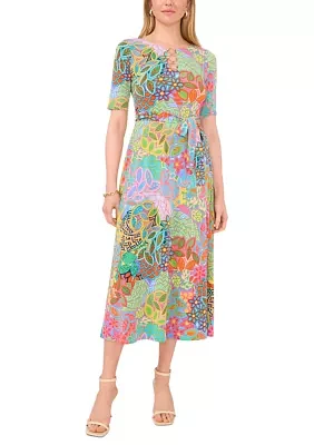 Wiomen's Printed Tie Waist Midi Dress