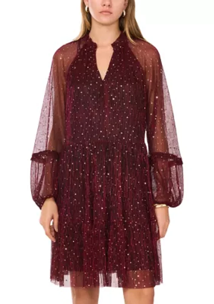 Women's Long Sleeve V-Neck Glitter A-Line Dress