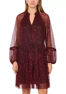 Women's Long Sleeve V-Neck Glitter A-Line Dress