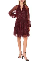 Women's Long Sleeve V-Neck Glitter A-Line Dress