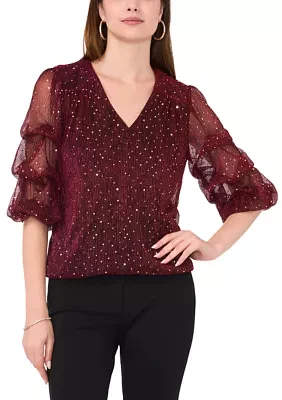 Women's 3/4 Sleeve V-Neck Glitter Knit Top