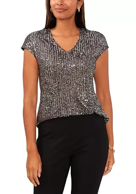 Women's Sequin V-Neck Short Sleeve Top