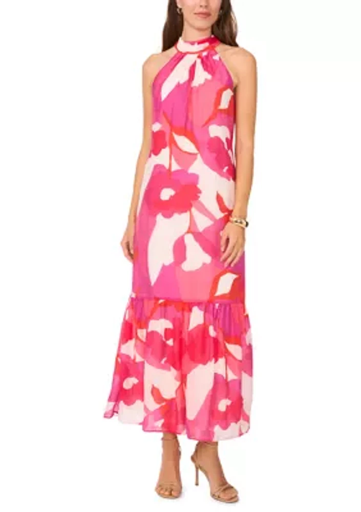 Women's Sleeveless Halter Neck Floral Print A-Line Maxi Dress